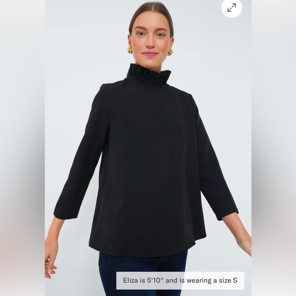 Black Long Sleeve Ruffle Neck Top